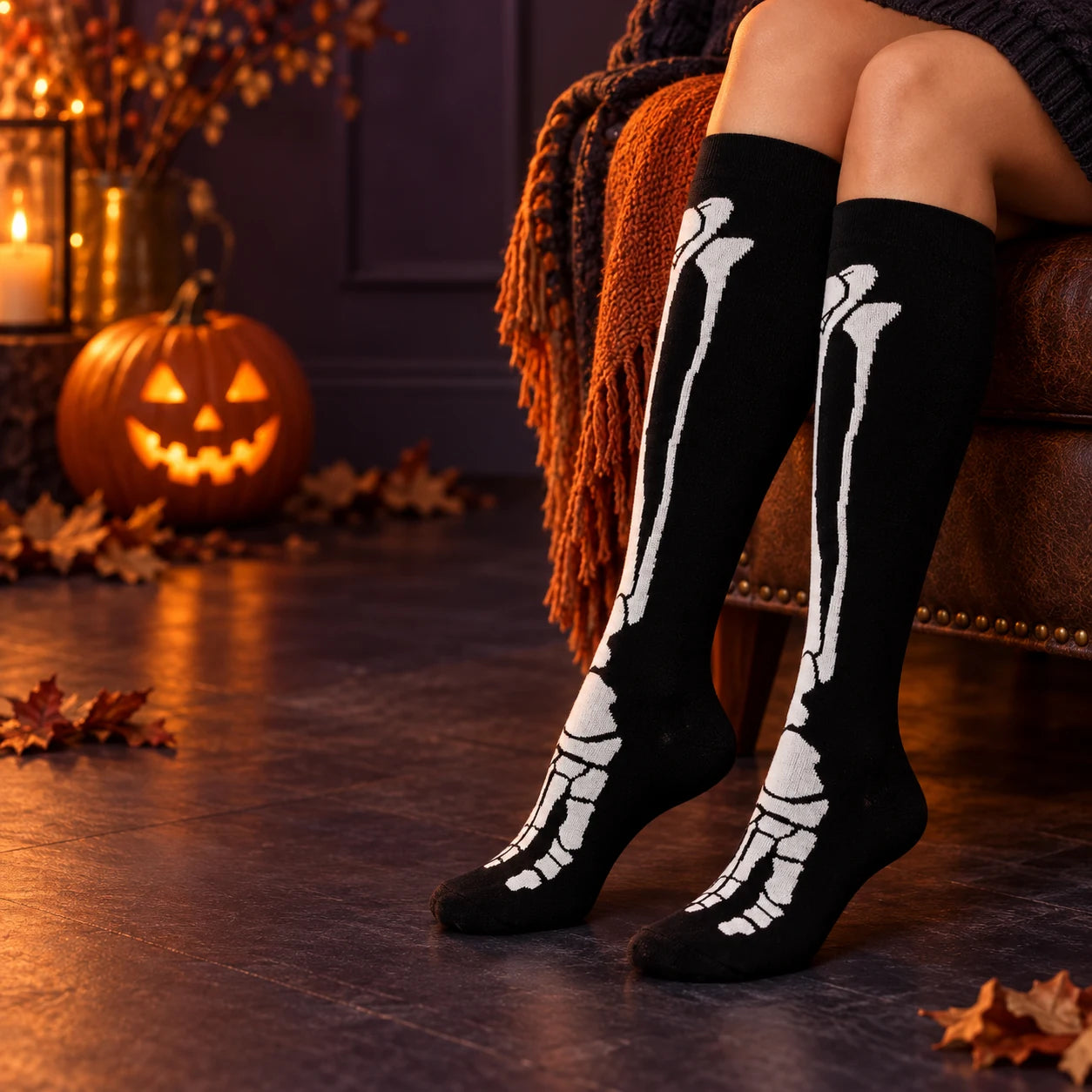 Full-skeleton socks in a refined Halloween setting