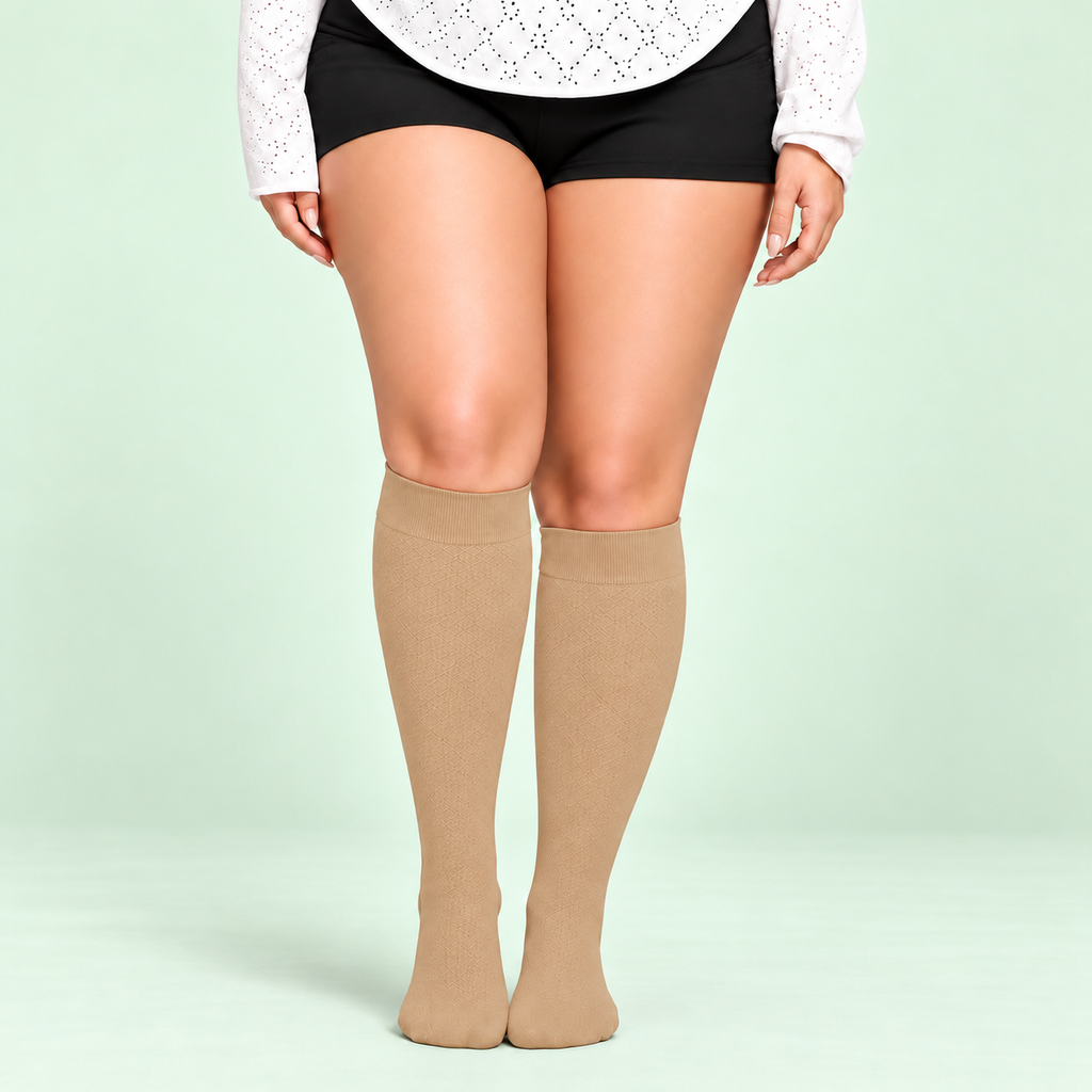 Beige bamboo compression socks, standing front view on a pale sage background