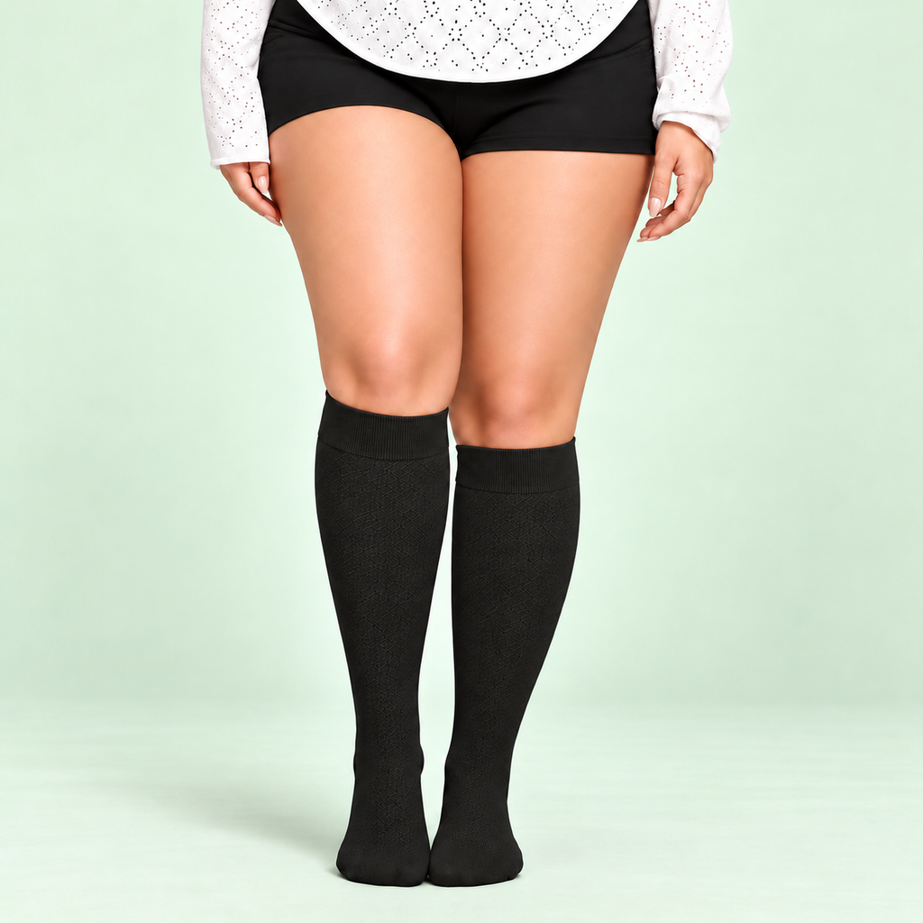 Black bamboo compression socks, standing front view on a pale sage background