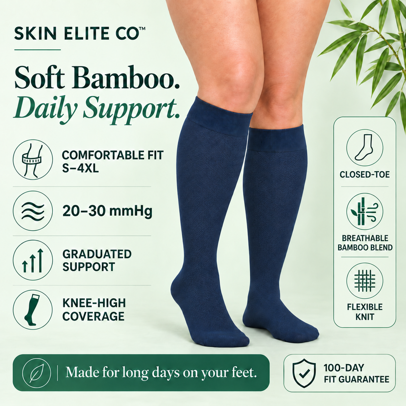 SKIN ELITE CO. Blue bamboo compression socks in a standing pose with graduated support and fit details