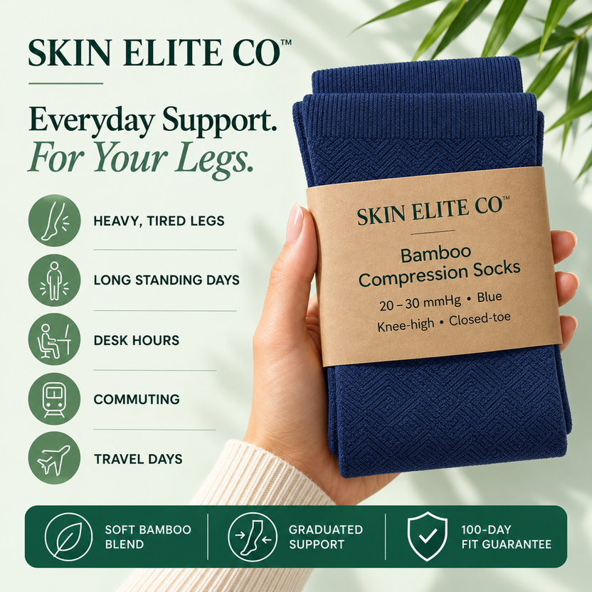 Navy bamboo compression socks with everyday support for standing, desk hours, commuting and travel