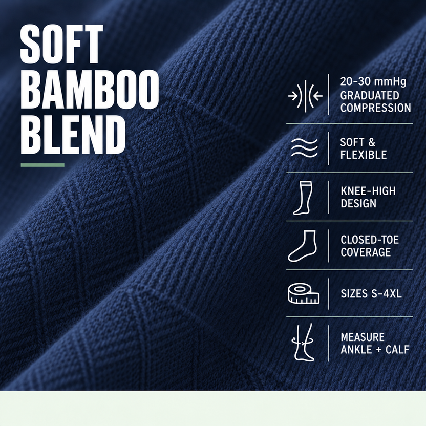 Close-up of navy bamboo-blend knit with 20–30 mmHg graduated compression and product details