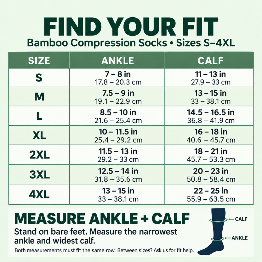 SKIN ELITE CO. size chart S through 4XL with ankle and calf measurements in inches and centimetres