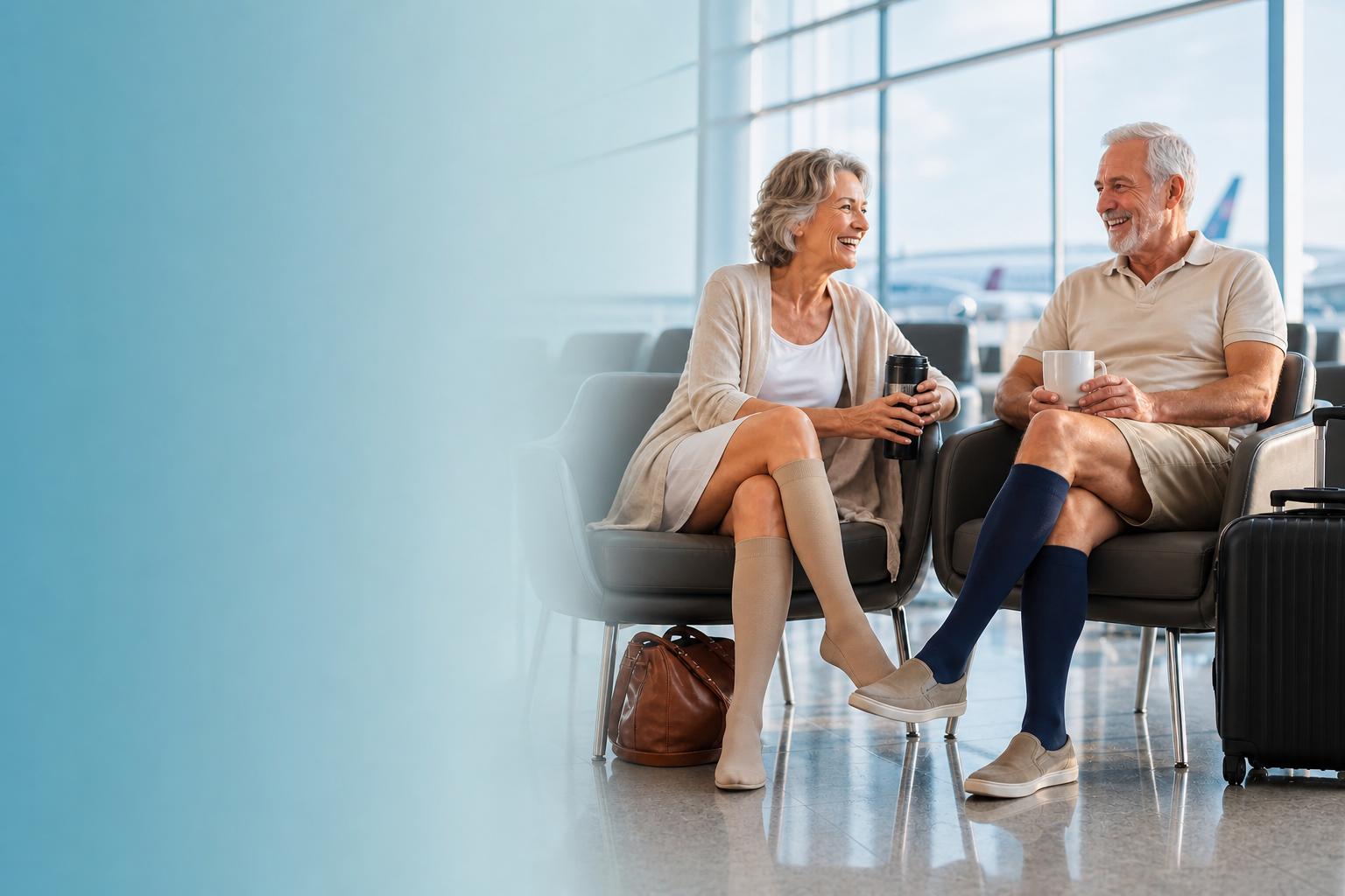 Travellers wearing SKIN ELITE CO. bamboo compression socks