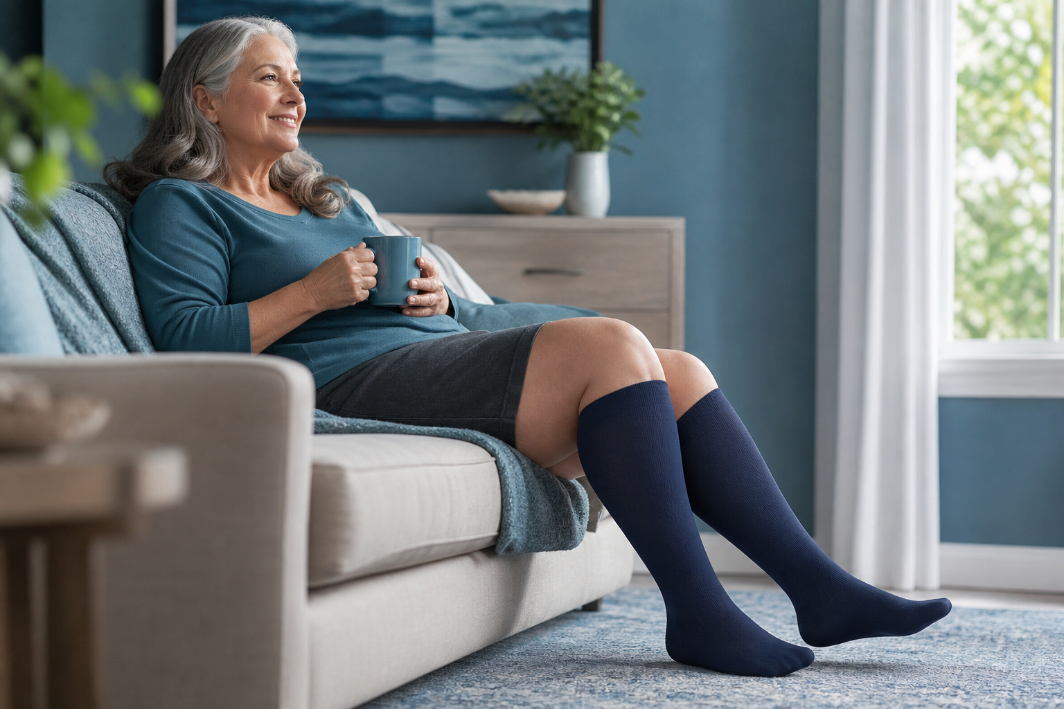 Older woman relaxing at home in navy SKIN ELITE CO. solid closed-toe compression socks