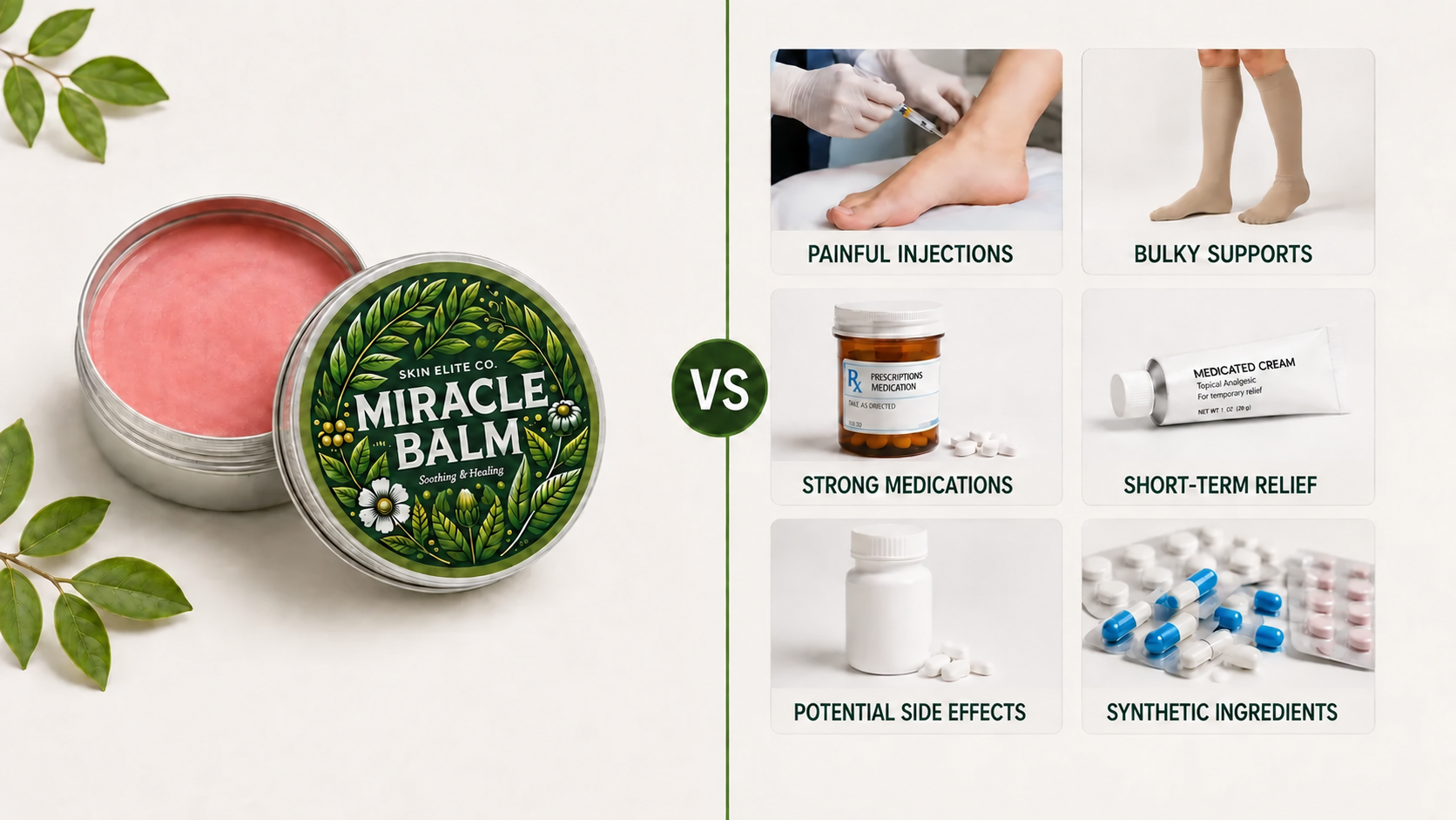 SKIN ELITE CO. Miracle Balm compared with injections, compression supports and medication