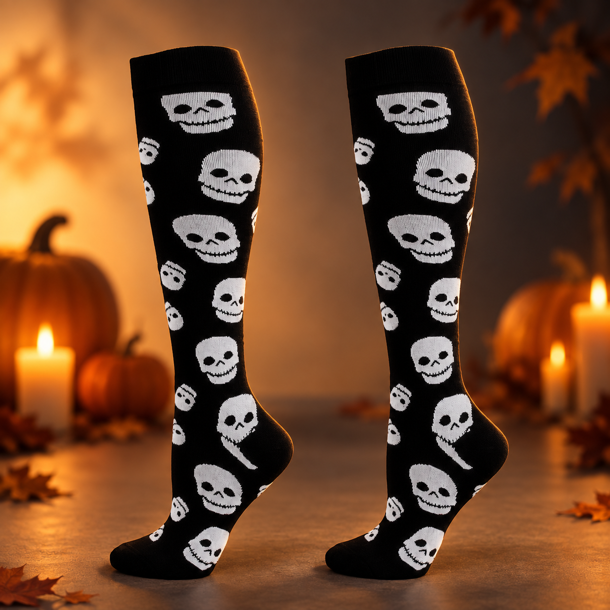 Grinning Skulls socks in a refined Halloween setting