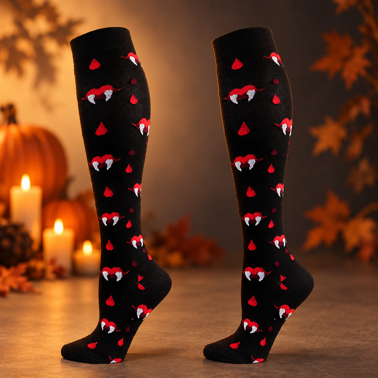 Vampire Fangs socks in a refined Halloween setting