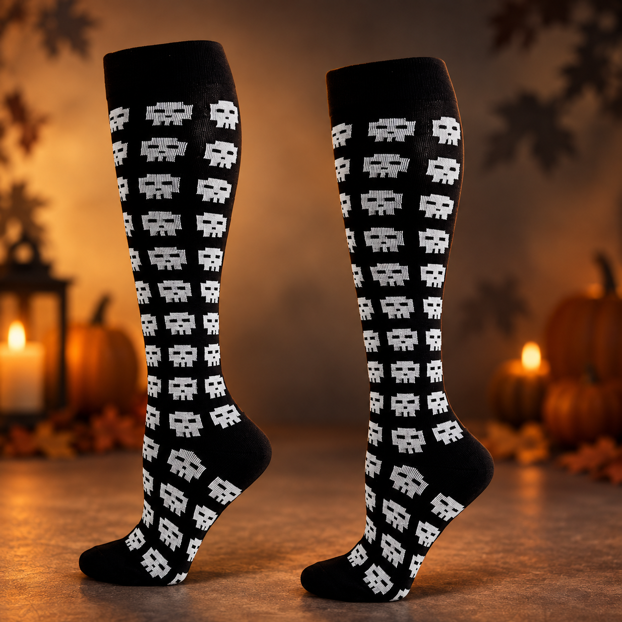 Pixel Skulls socks in a refined Halloween setting