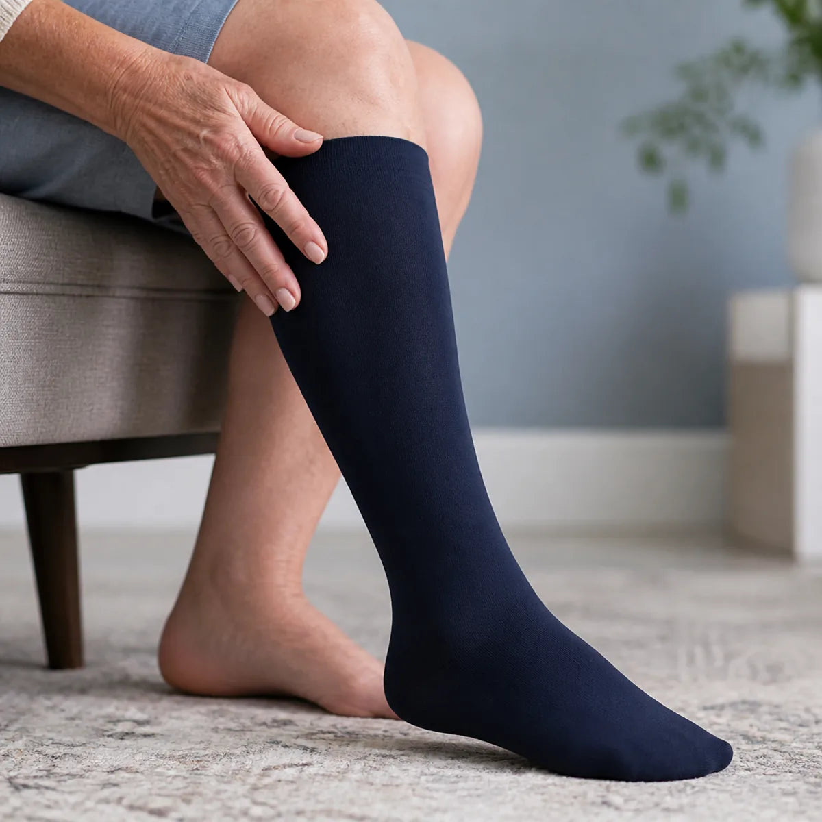 Older woman touching the soft navy compression sock knit