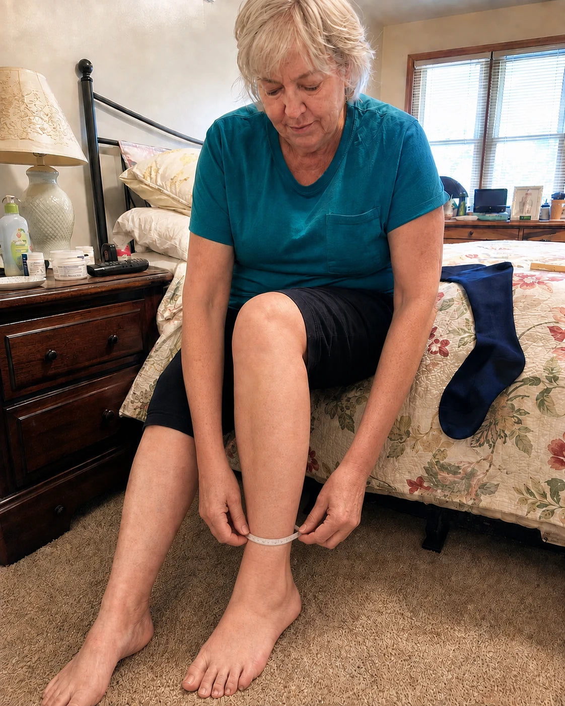 Older woman measuring around her ankle before choosing compression sock size