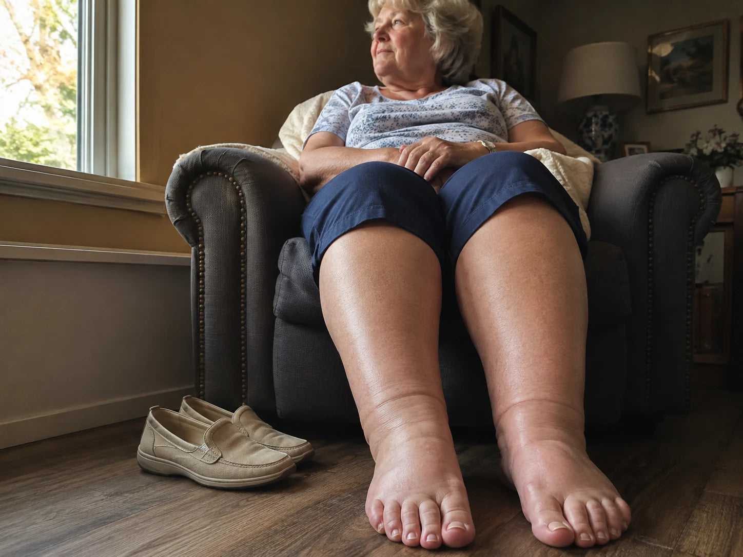 Older woman resting at home with visibly swollen ankles after removing her shoes